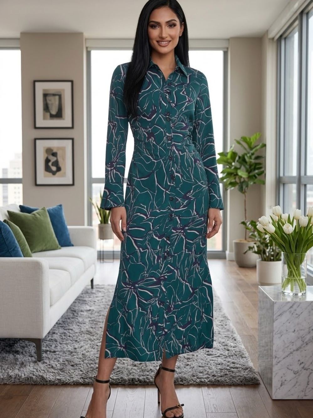 Donna Karan Teal Floral Maxi Shirt Dress